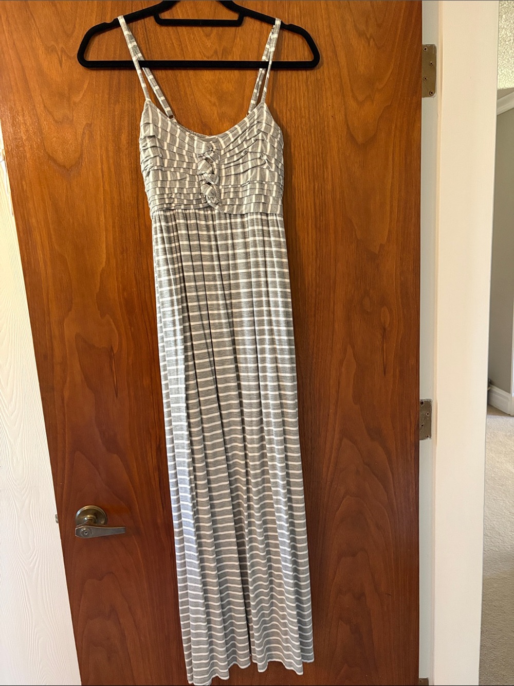 Striped Gray and White Maxi Dress with Smocked Bodice